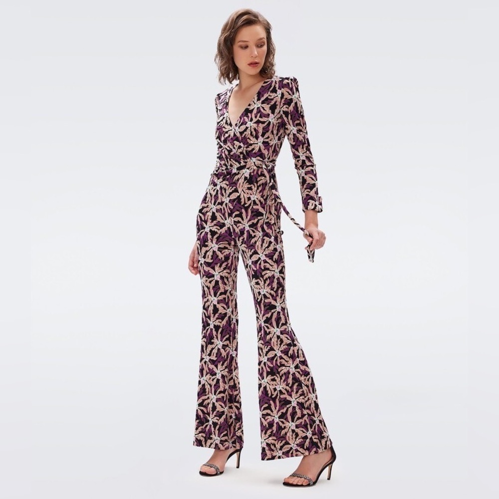Diane Von Furstenberg Seoul Printed Wrap Jumpsuit Sz 4 Purple Tropical One Piece